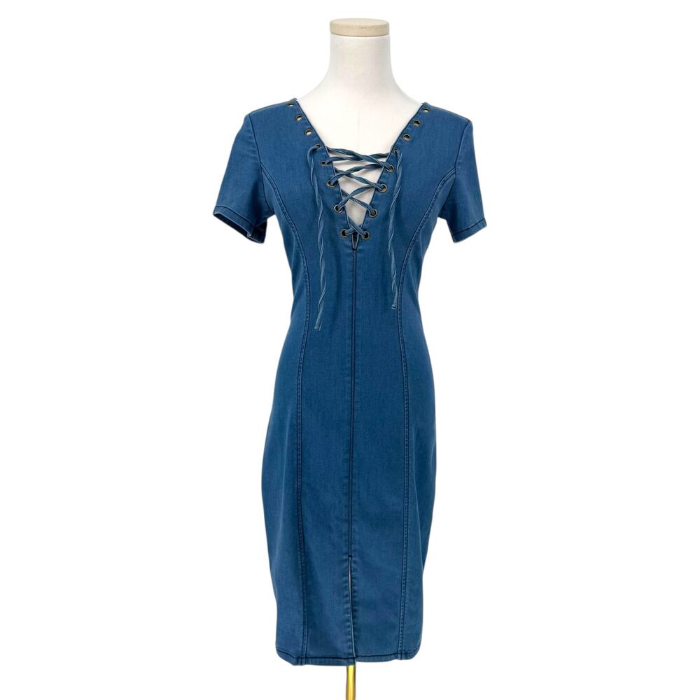 Guess Tie-Up Denim Bodycon Midi Dress Short Sleeve Women’s 0